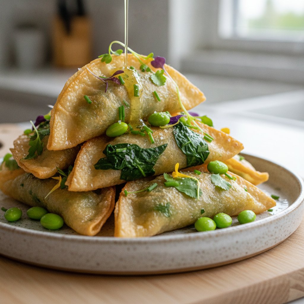 Air-Fried Herb-Infused Rice Paper Dumplings with Edamame and Spinach Filling