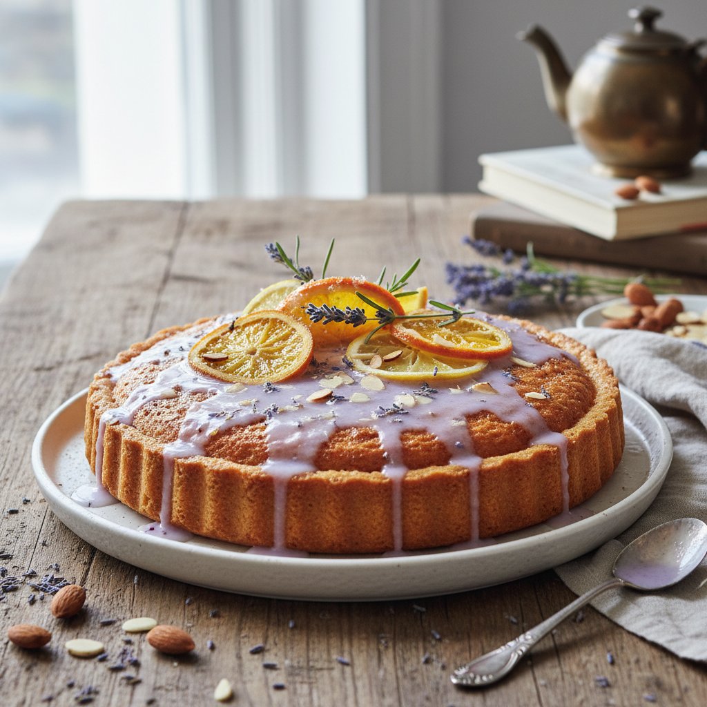 Almond-Citrus Madeleine Tart with Lavender Glaze