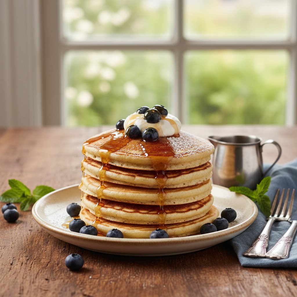 American Blueberry Pancake Stacks with Maple Syrup