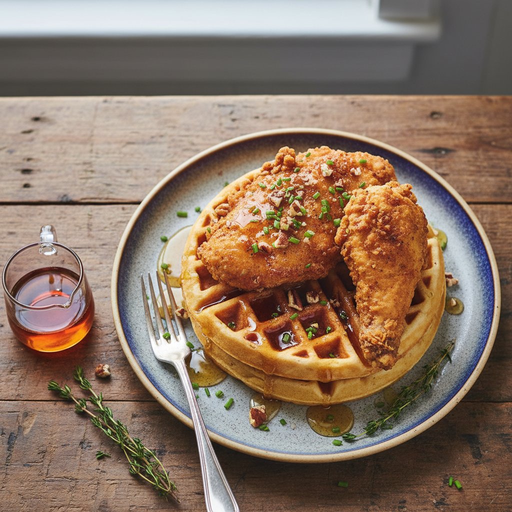 American Chicken and Waffles with Maple Syrup