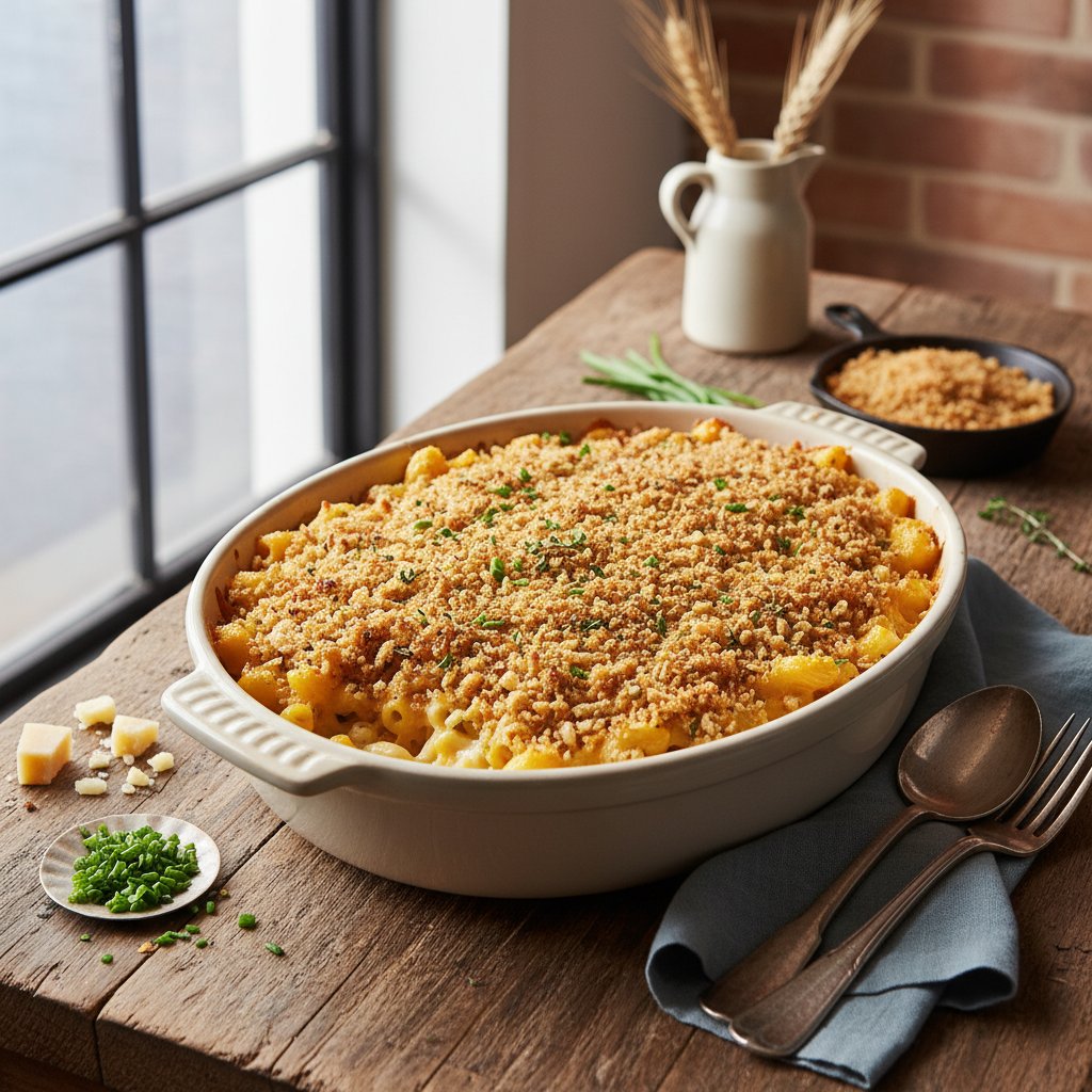 American Classic Mac and Cheese with a Crunchy Breadcrumb Topping