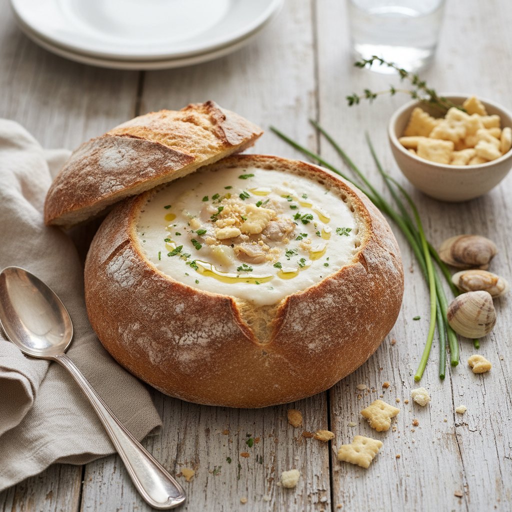 American Creamy Clam Chowder in Bread Bowl