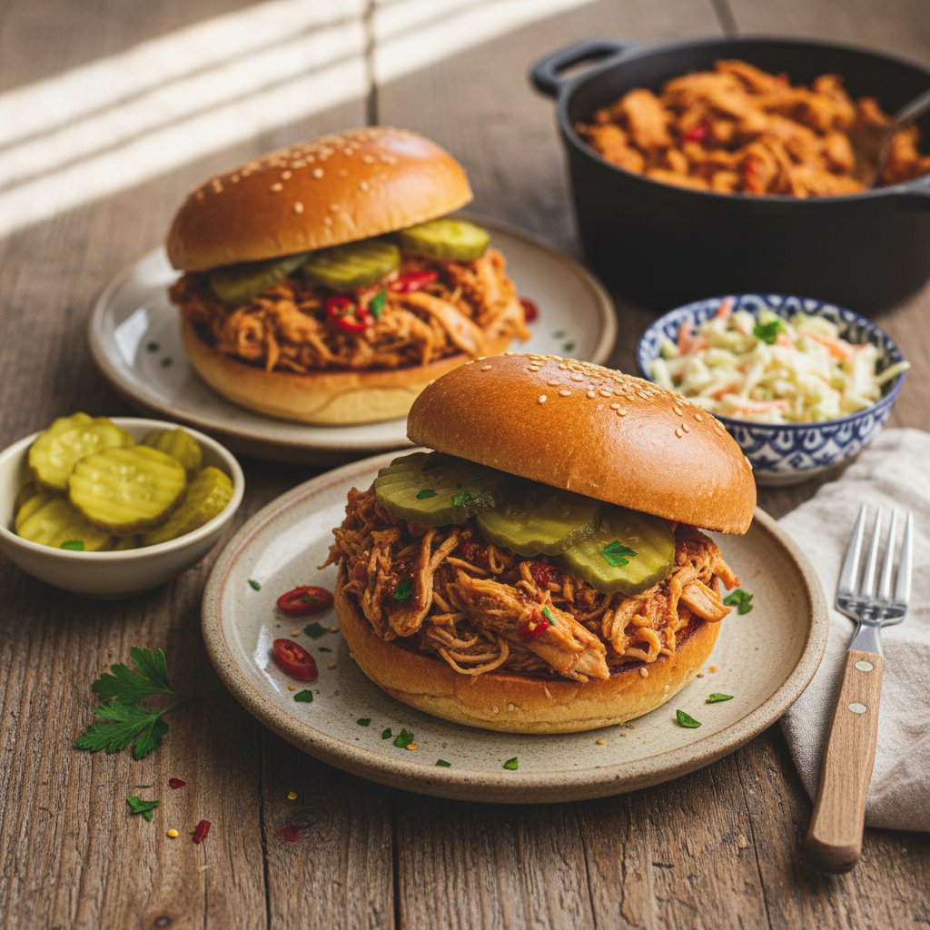 American Pulled Chicken Sandwiches with Pickles