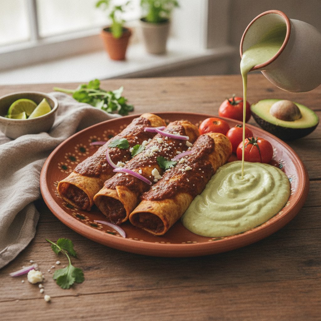 Ancho-Guajillo Chicken Enchiladas with Velvety Tomatillo Avocado Salsa