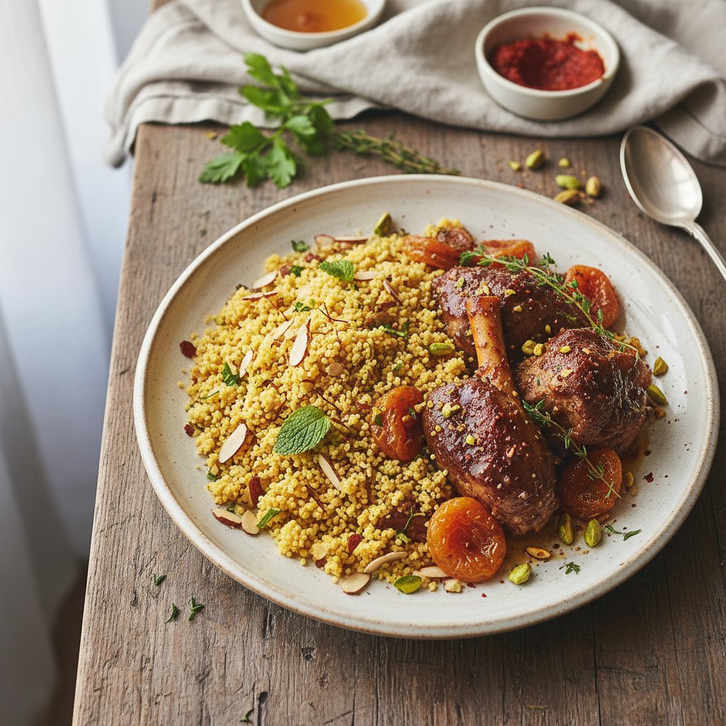 Aromatic Saffron and Almond Couscous with Spiced Lamb and Apricots