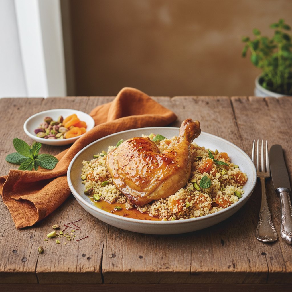 Aromatic Saffron Chicken with Apricot-Pistachio Couscous