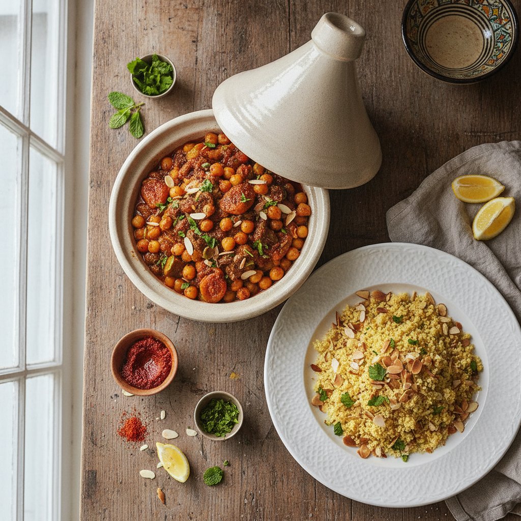 Aromatic Spiced Chickpea and Apricot Tagine with Almond Couscous