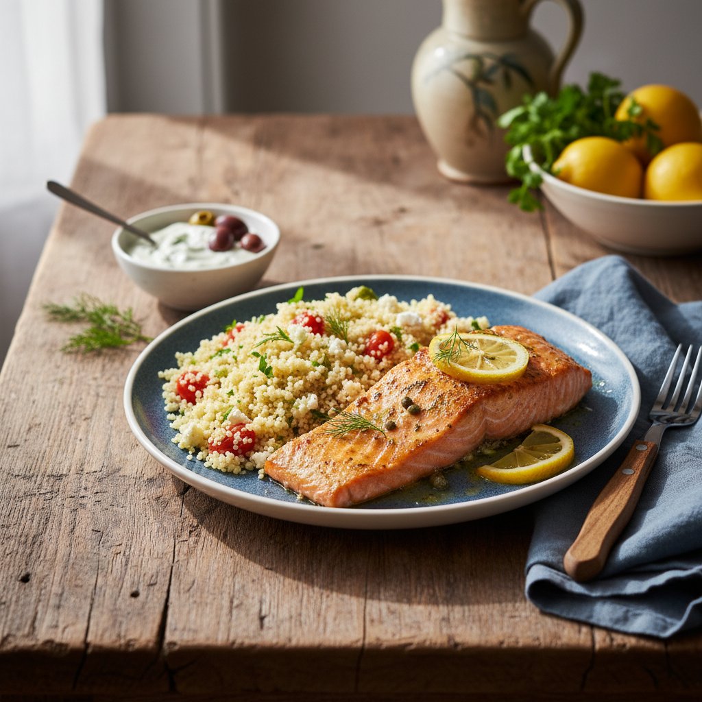 Baked Mediterranean Lemon Herb Salmon with Couscous