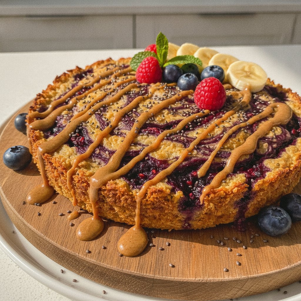 Banana Berry Swirl Baked Oats with Chia and Almond Butter Drizzle