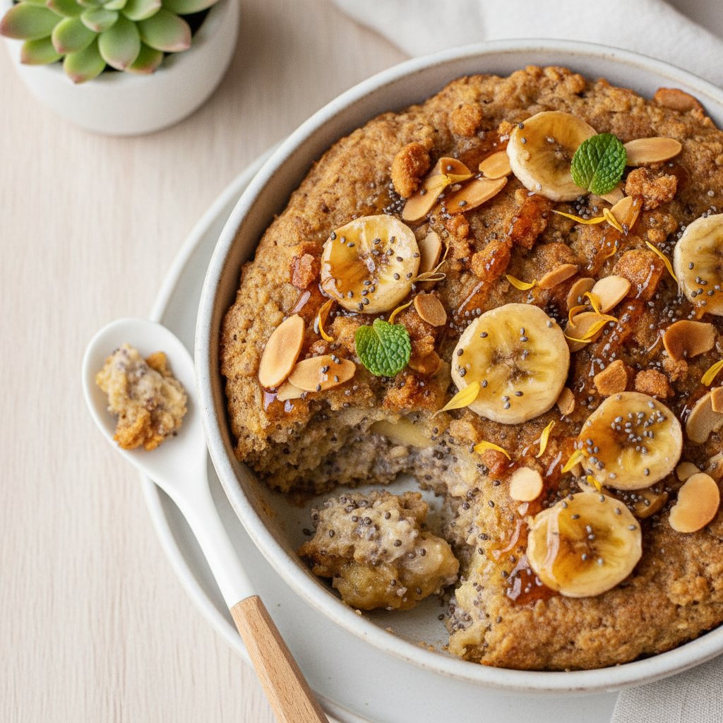 Banana Chia Pudding Baked Oats with Almond Crunch