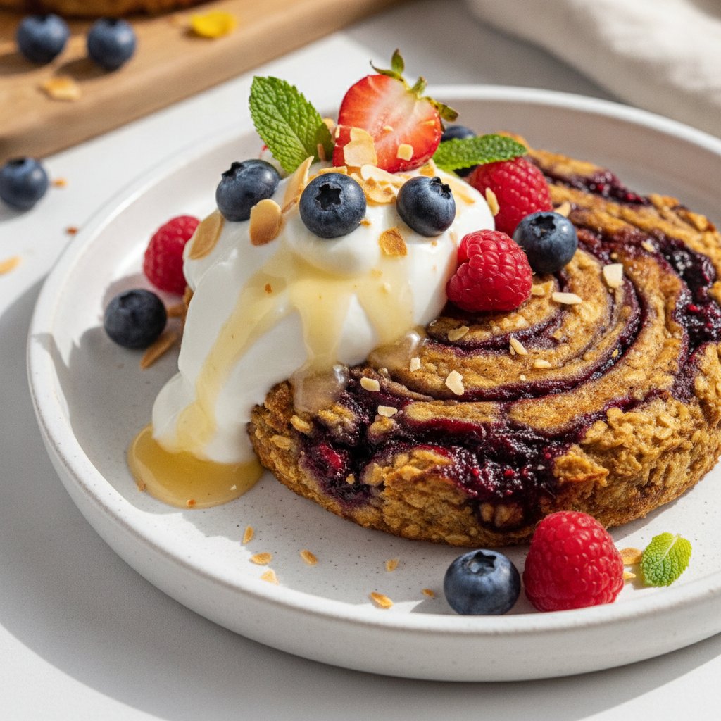 Berry-Infused Cinnamon Swirl Baked Oats with Almond-Coconut Yogurt