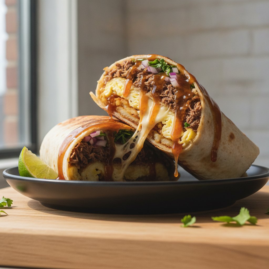 Birria Breakfast Burrito with Smoky Maple Drizzle