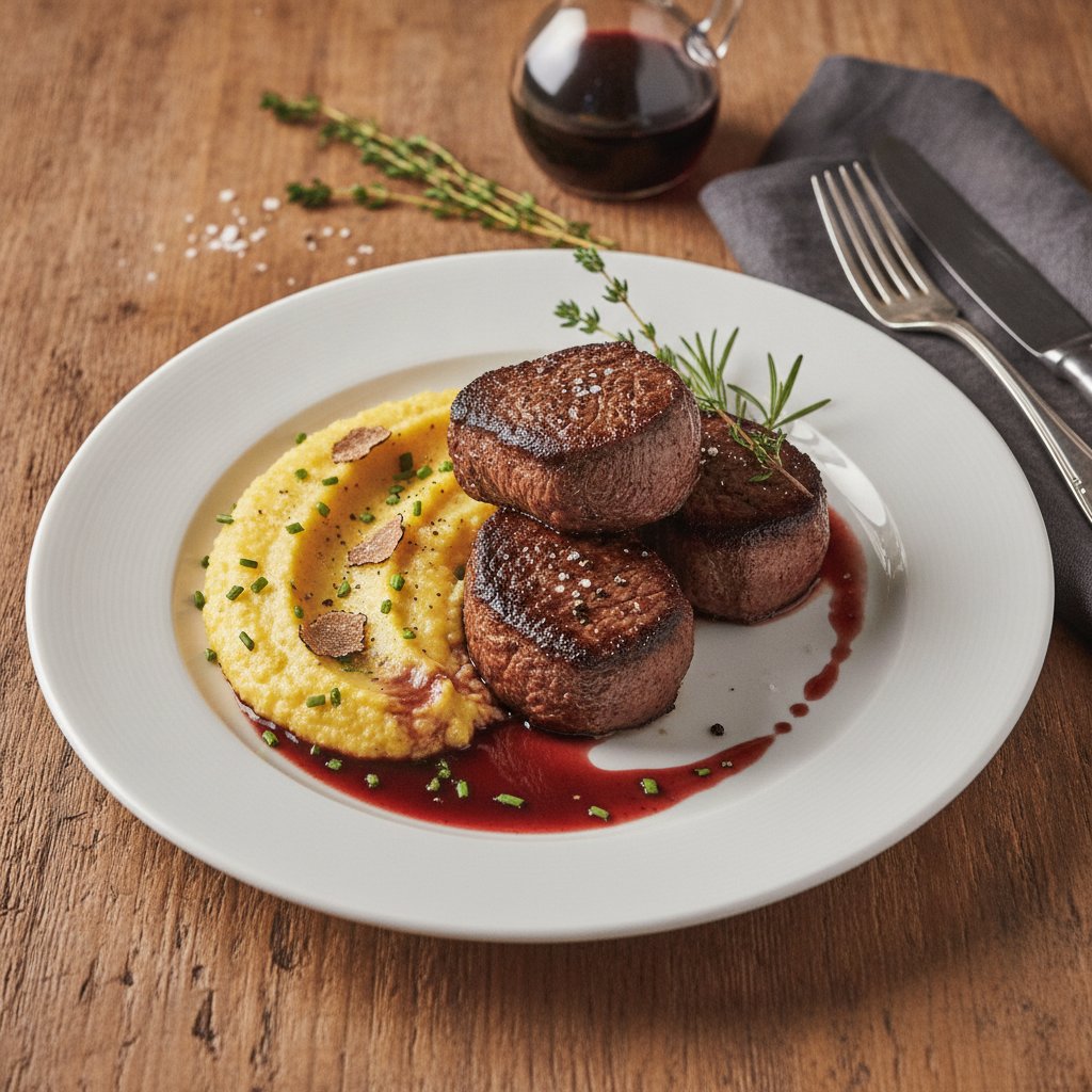 Bold Pan-Seared Beef Tenderloin with Truffle Polenta and Red Wine Reduction
