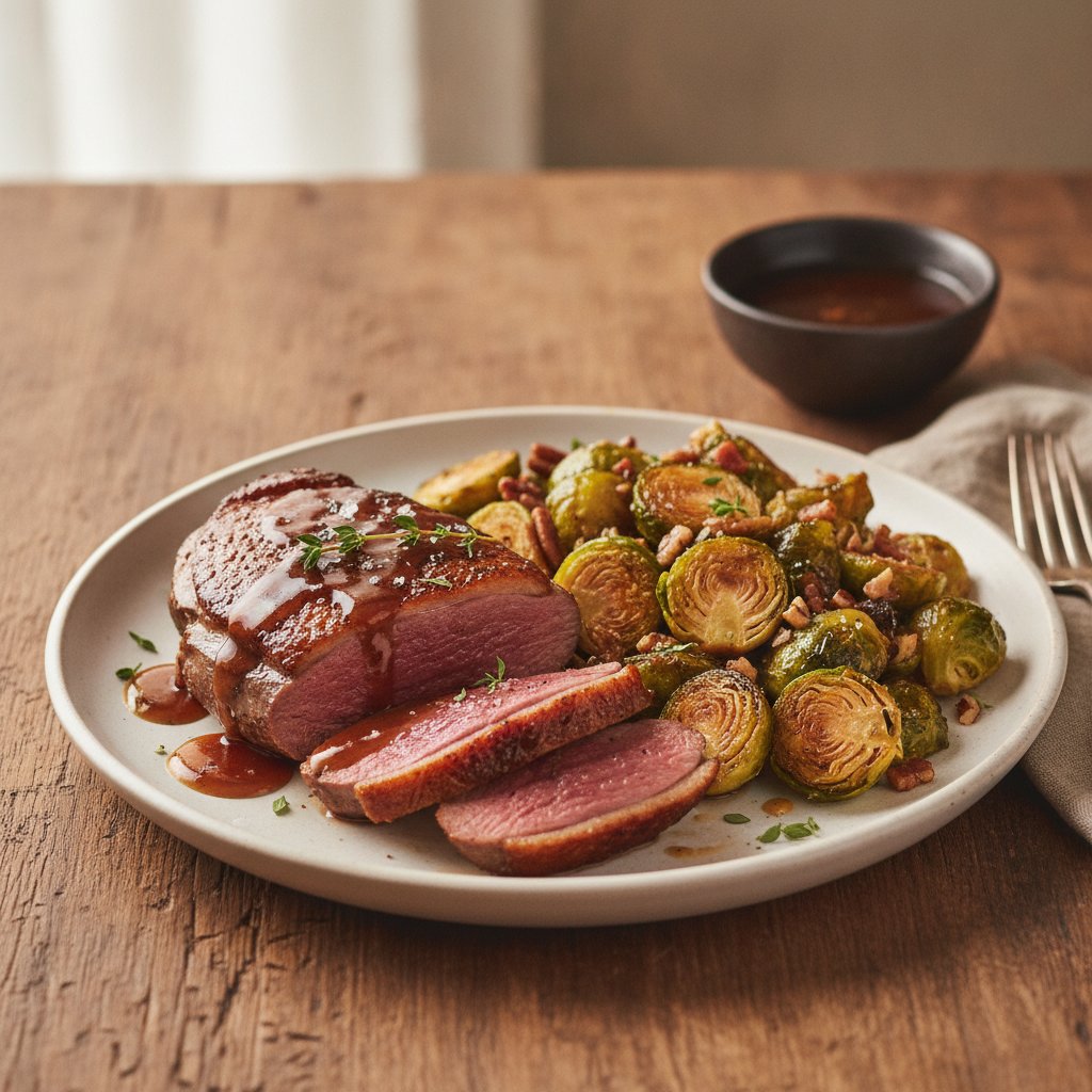 Bourbon-Glazed Duck Breast with Savory Maple Brussels Sprouts
