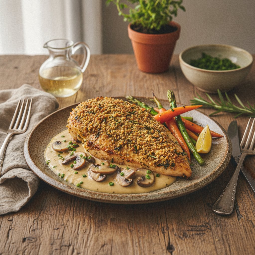 Butter-Basted Herb-Crusted Chicken with Mushroom Velouté