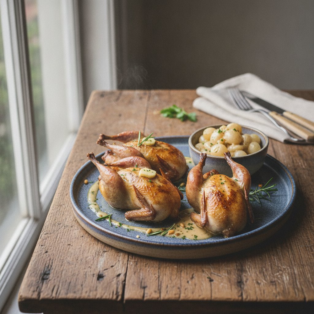Butter-Basted Quail with Rosemary and Creamy Pearl Onions