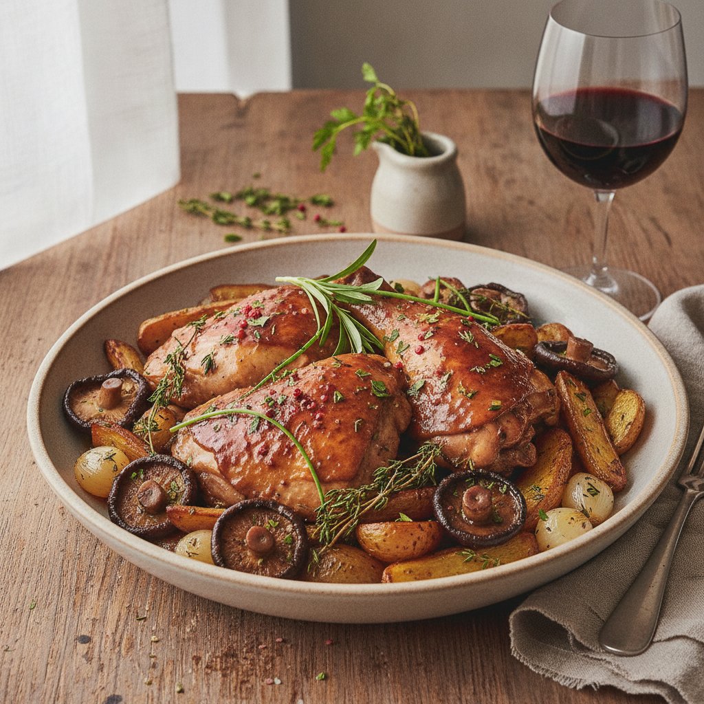 Butter-Bathed Coq au Vin with Herbaceous Mushrooms