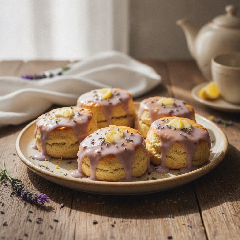 Buttery British Lemon Scones with Lavender Glaze