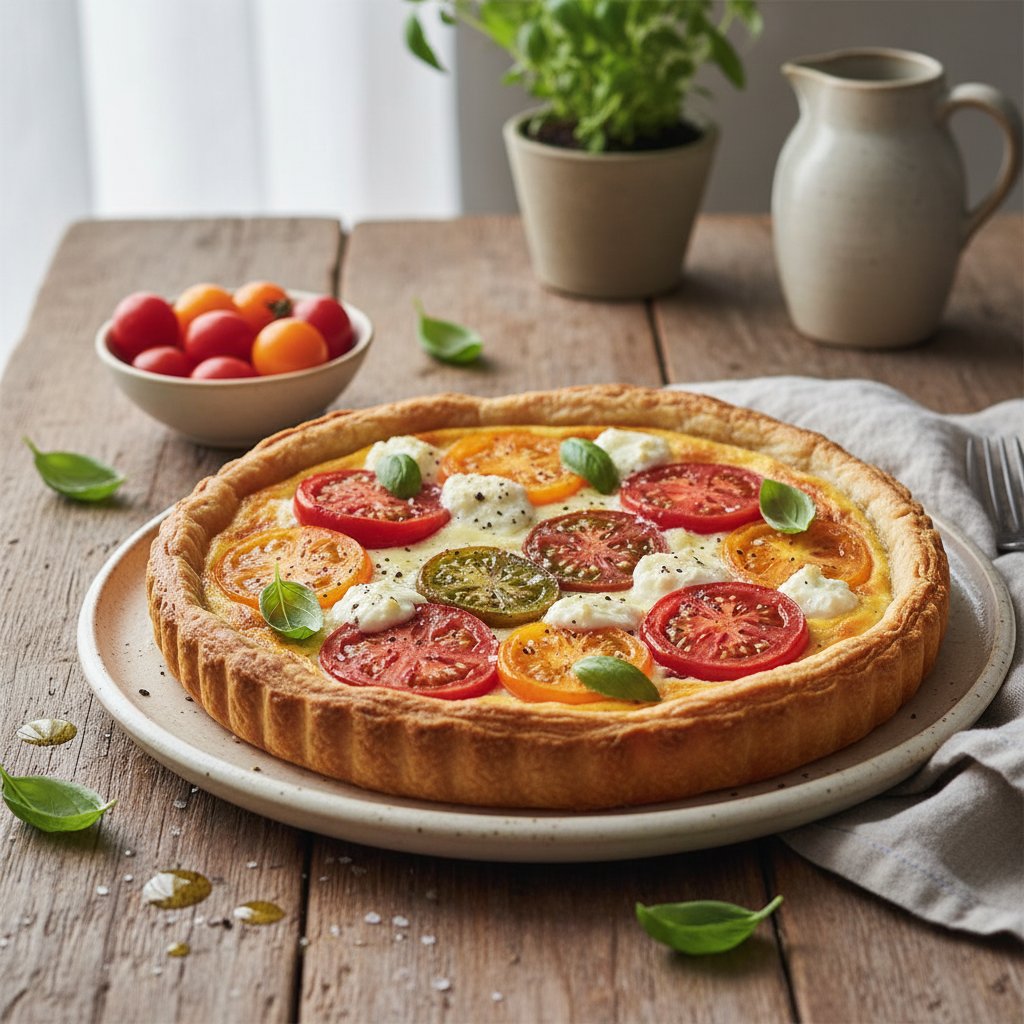 California Harvest Breakfast Tart with Heirloom Tomatoes and Basil
