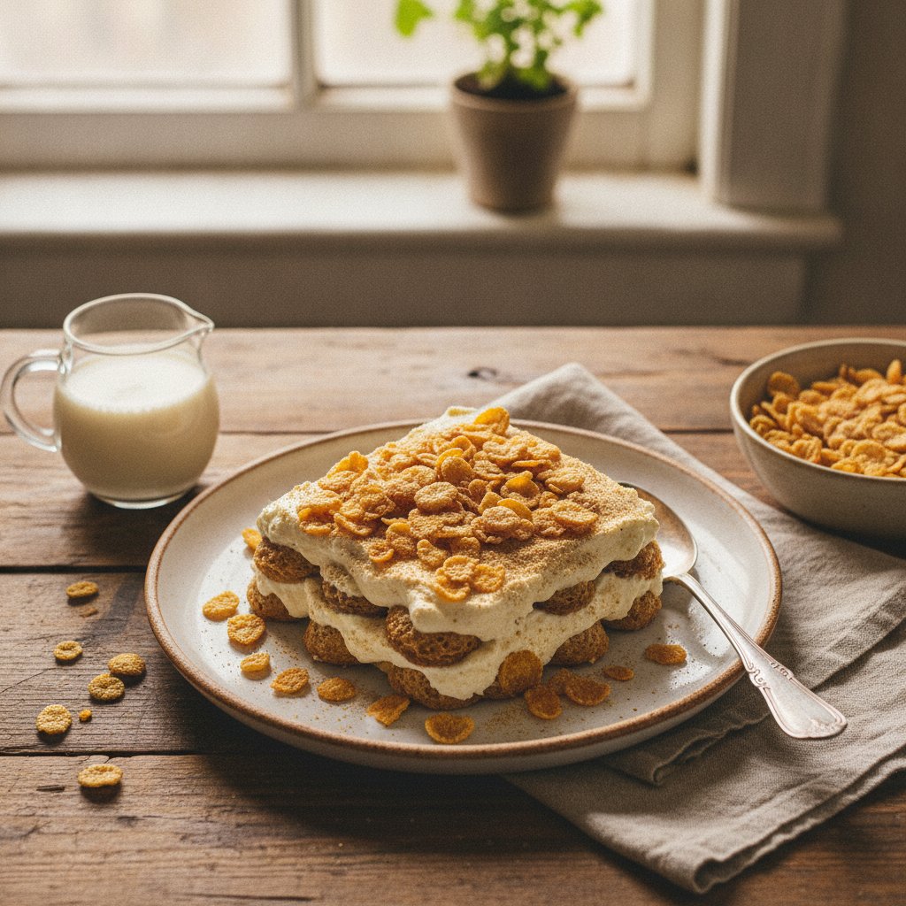 Cereal Milk Tiramisu with Caramelized Cornflakes