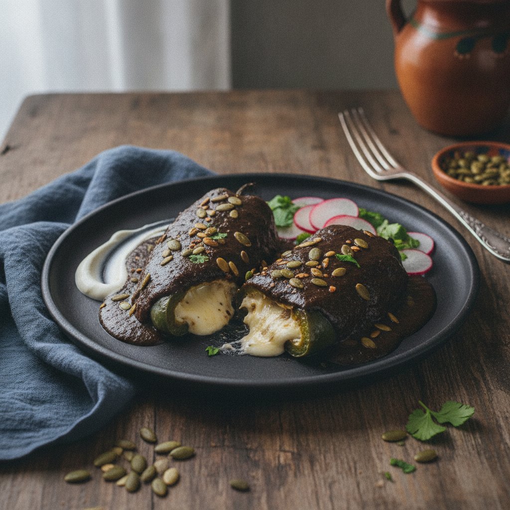 Chiles Rellenos with Oaxacan Black Mole and Pumpkin Seeds