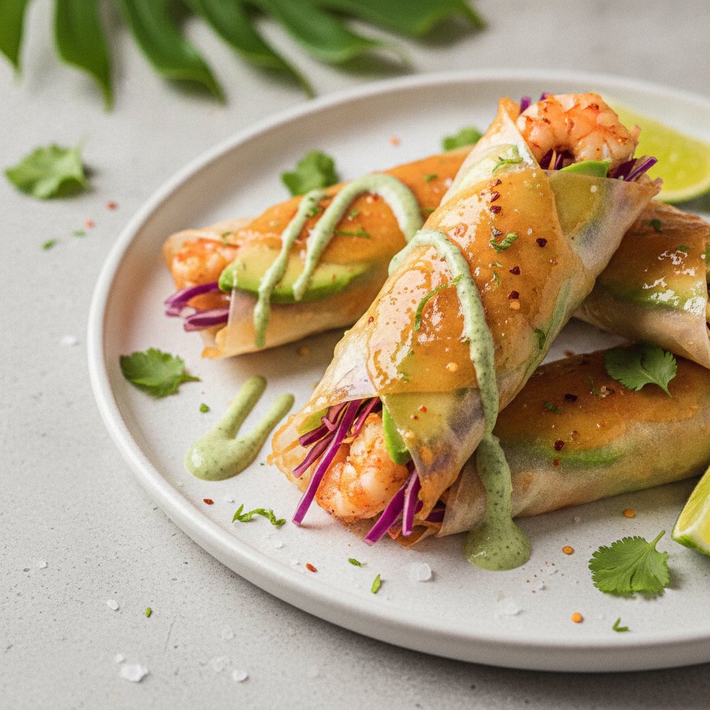 Chili-Lime Shrimp & Avocado Rice Paper Crunch with Cilantro-Lime Yogurt Dip