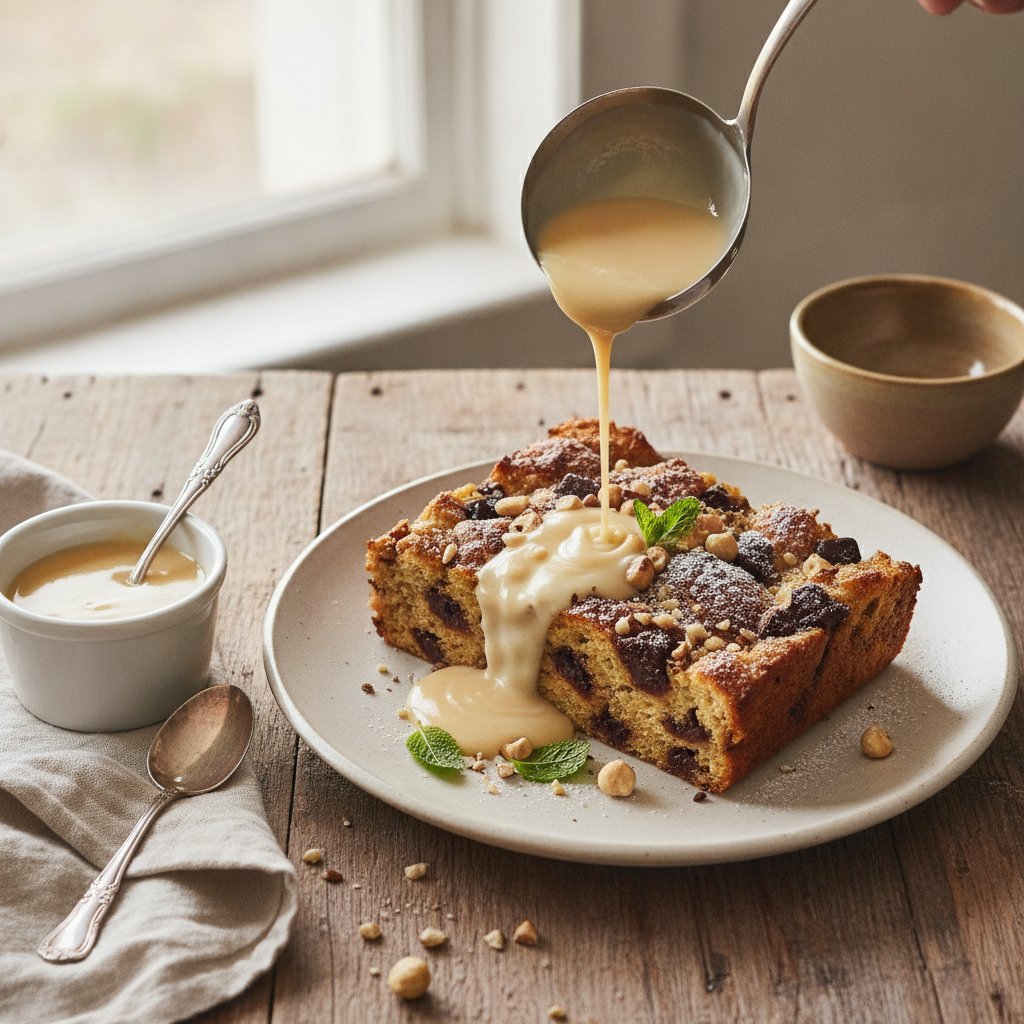 Chocolate Hazelnut Bread Pudding with Warm Vanilla Custard