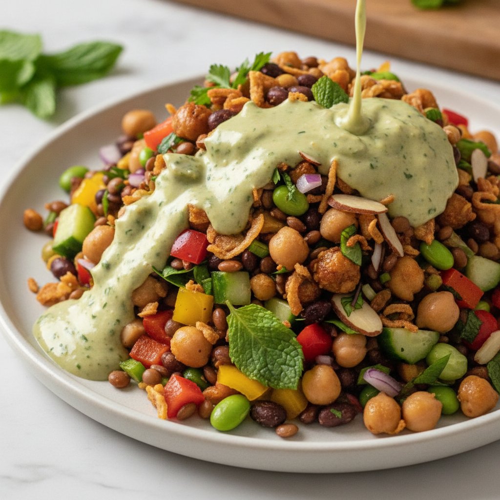 Chopped Crunchy Legume Salad with Avocado-Tahini Herb Dressing