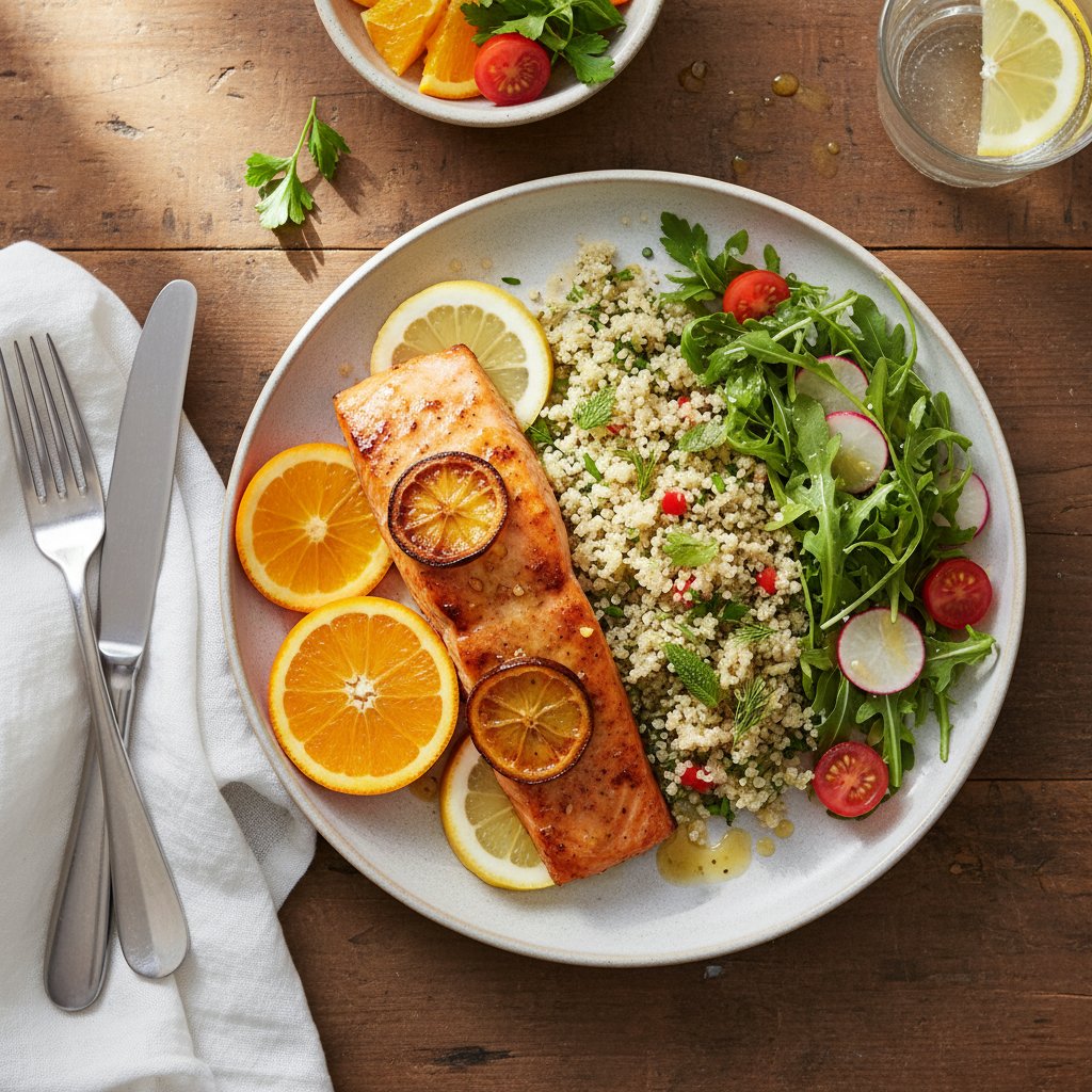Citrus-Glazed Salmon with Herb-Infused Quinoa and Tangy Arugula Salad