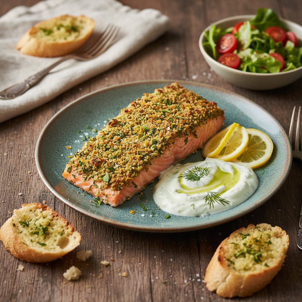 Citrus Herb-Crusted Salmon with Lemon-Dill Yogurt Sauce