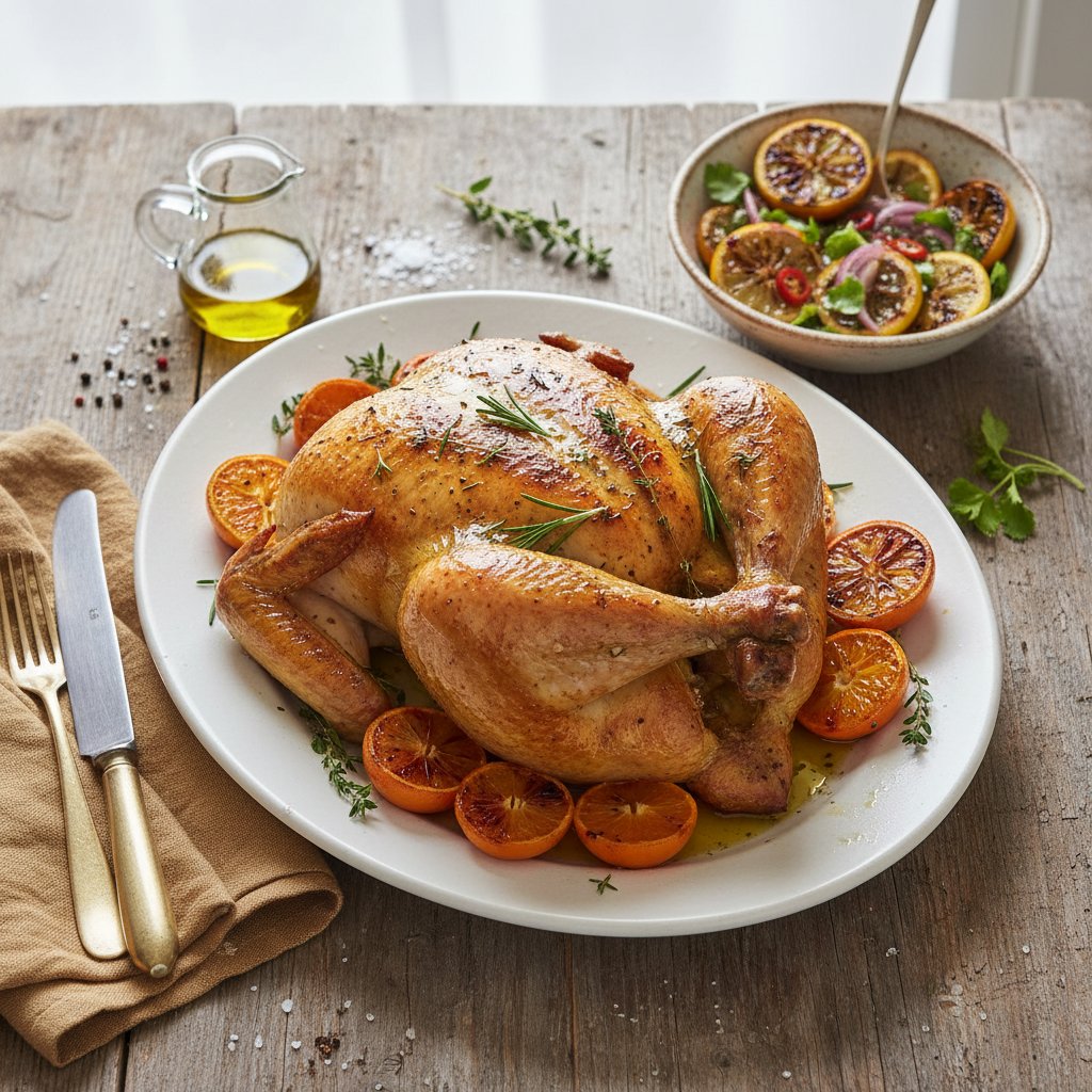 Citrus-Roasted Chicken with Herb-Infused Olive Oil and Charred Lemon Salsa
