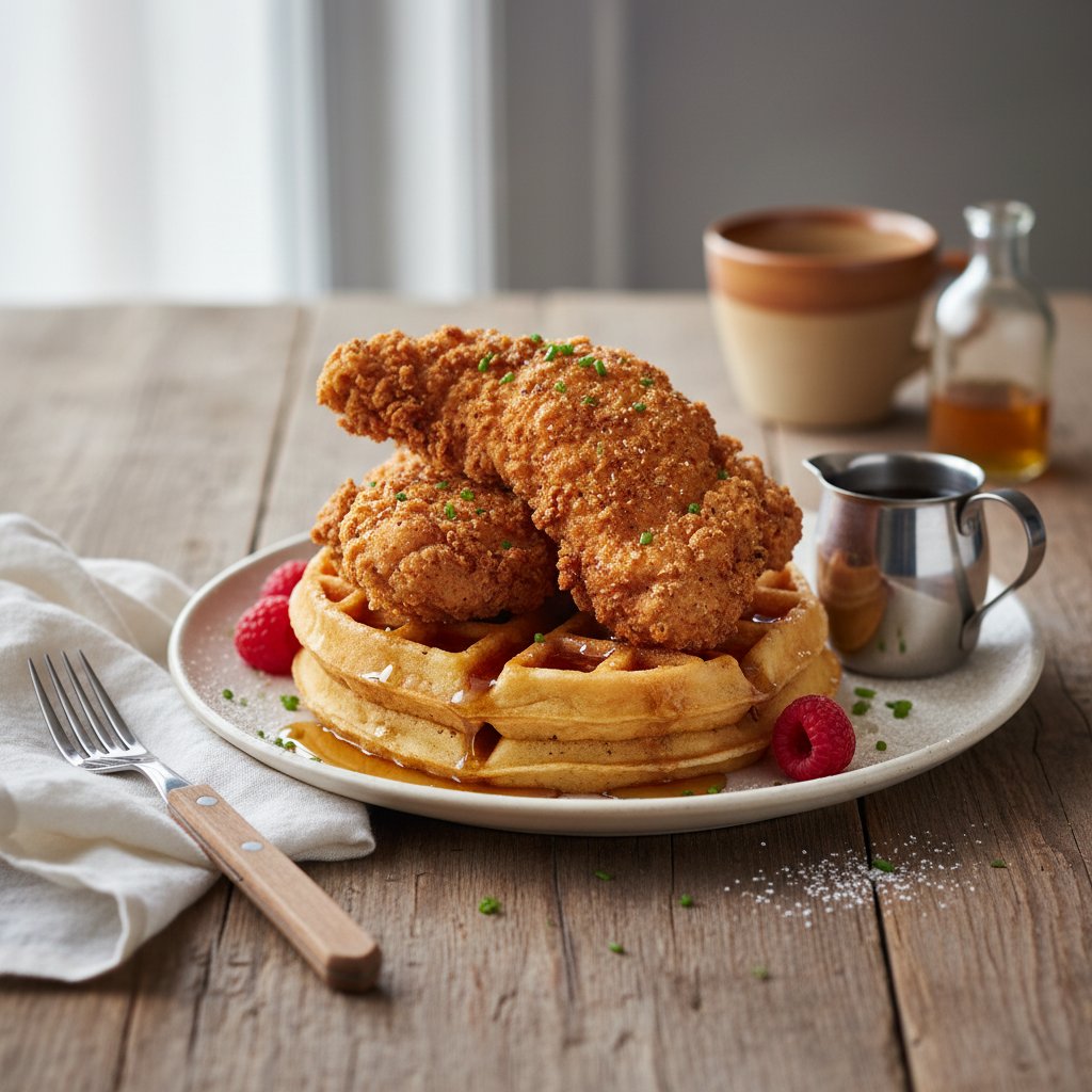 Classic American Chicken and Waffles with Syrup
