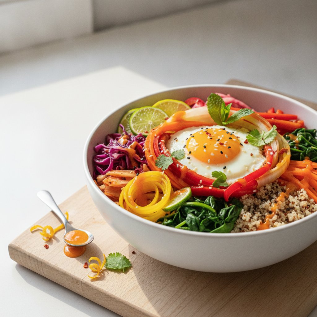Colorful Rainbow Kimchi Bibimbap Bowl with Quinoa and Citrus Chile Drizzle