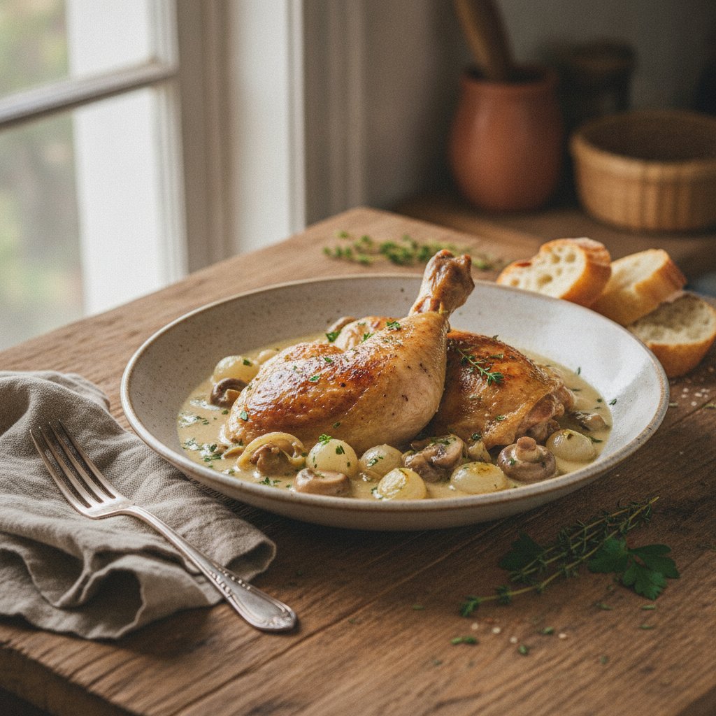 Creamy Coq au Vin Blanc with Herb-Infused Pearl Onions