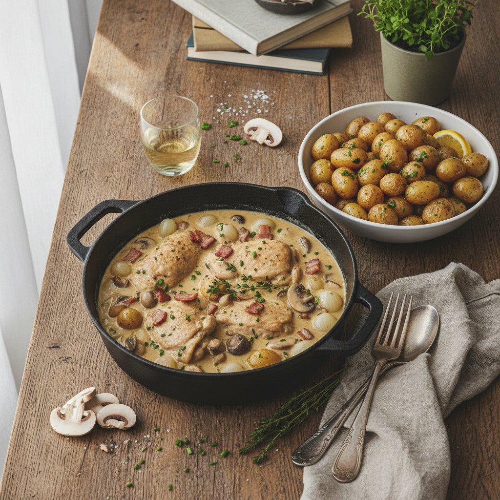 Creamy Coq au Vin Blanc with Parsley Potatoes