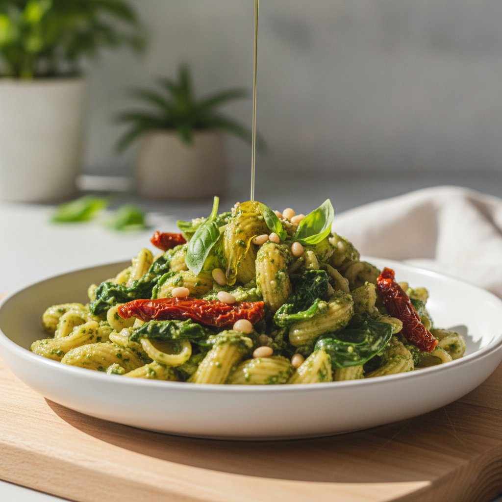 Creamy Cottage Cheese Pesto Pasta with Sun-Dried Tomatoes and Spinach