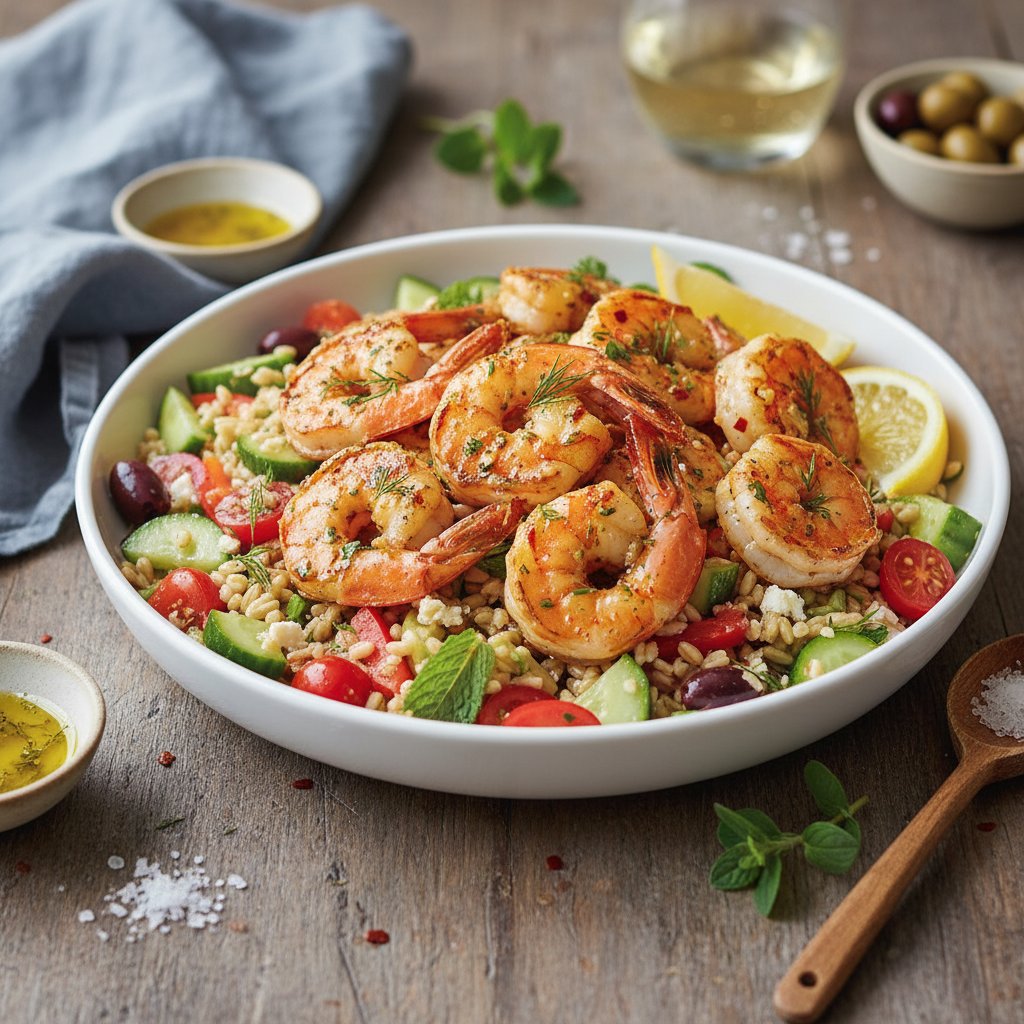 Crisp and Tangy Lemon Herb Shrimp with Mediterranean Farro Salad