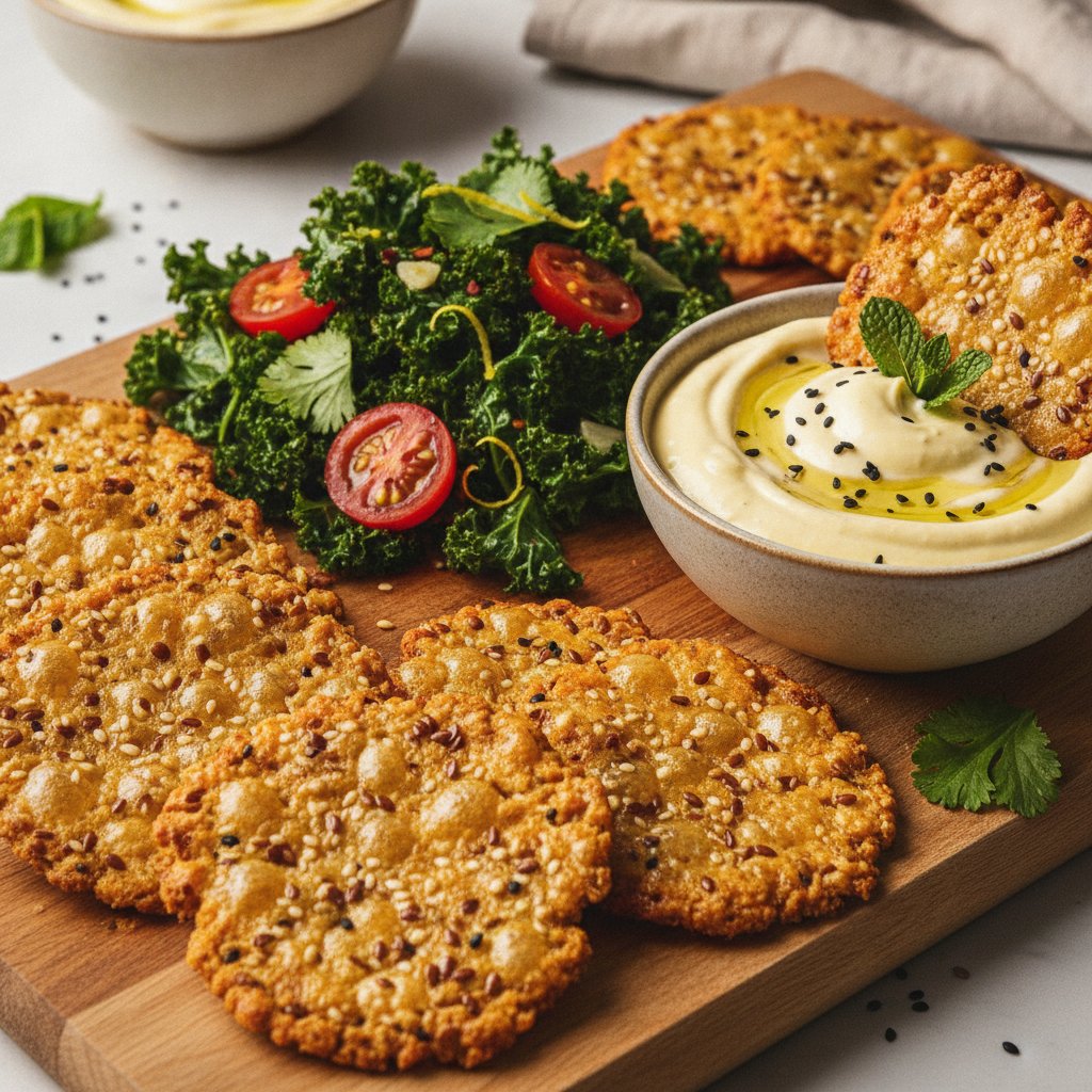 Crispy Air-Fried Chickpea & Seed Crackers with Spicy Kale and Lemon-Tahini Dip
