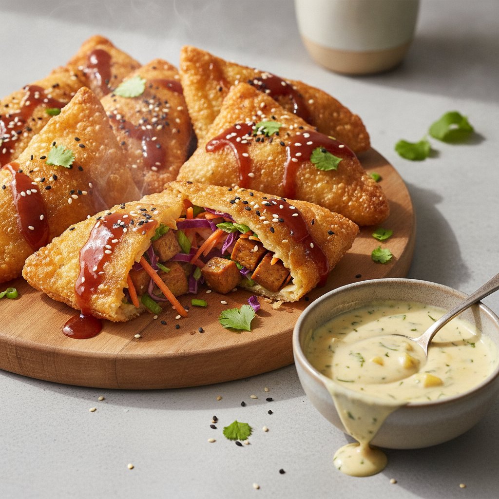 Crispy Air-Fried Teriyaki Tofu Rice Paper Pockets with Pineapple-Cilantro Dipping Sauce