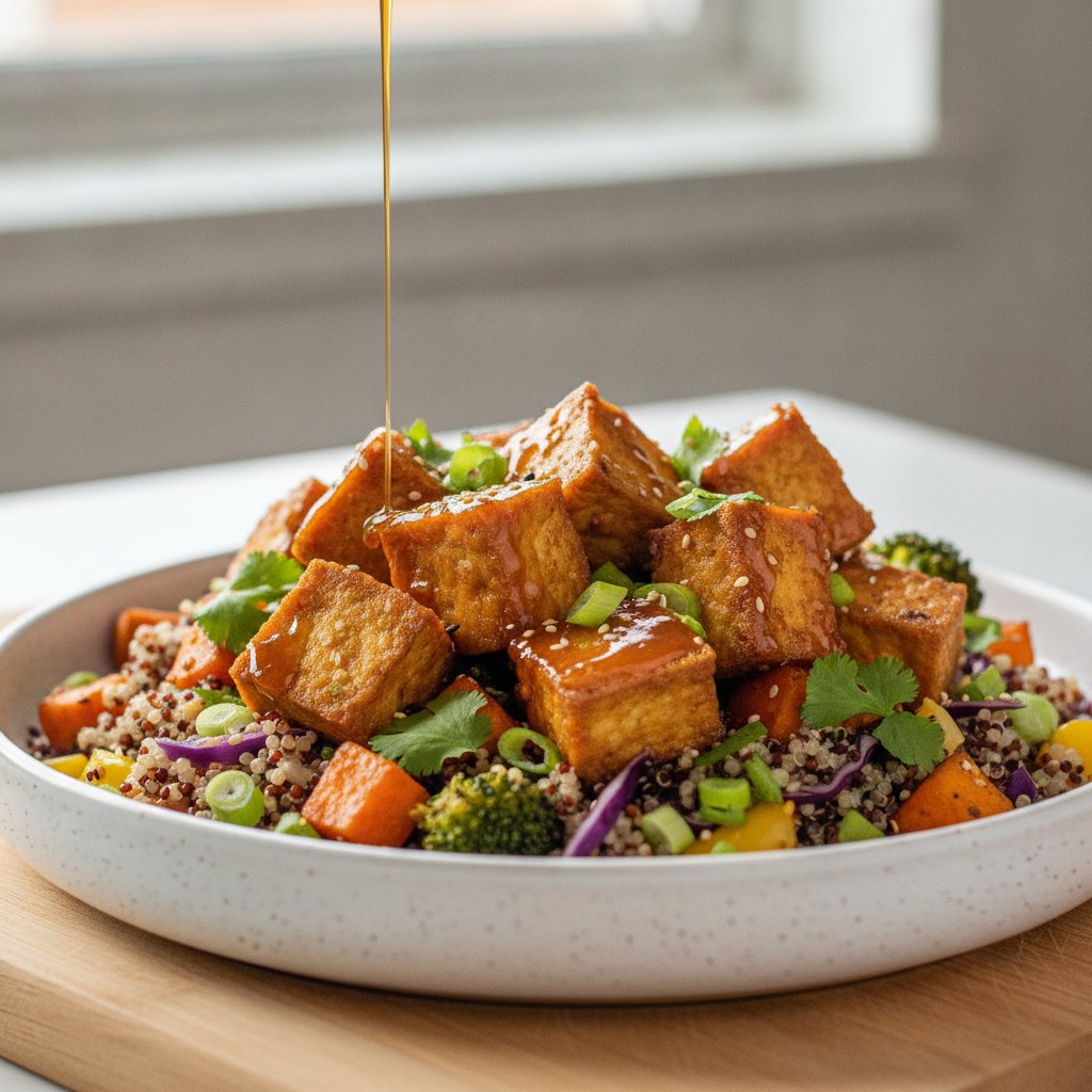 Crispy Air-Fried Tofu & Tempeh with Spicy Miso Maple Glaze and Quinoa Veggie Bowl