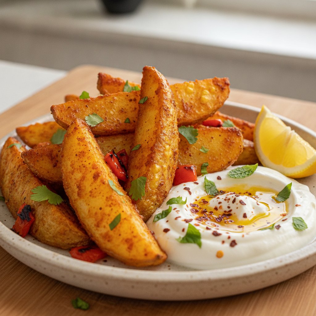 Crispy Air-Fryer Harissa Potato Wedges with Tangy Yogurt Dip