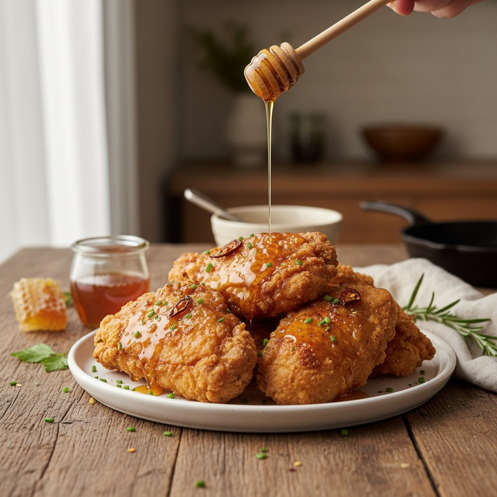 Crispy American Buttermilk Fried Chicken with Honey Drizzle