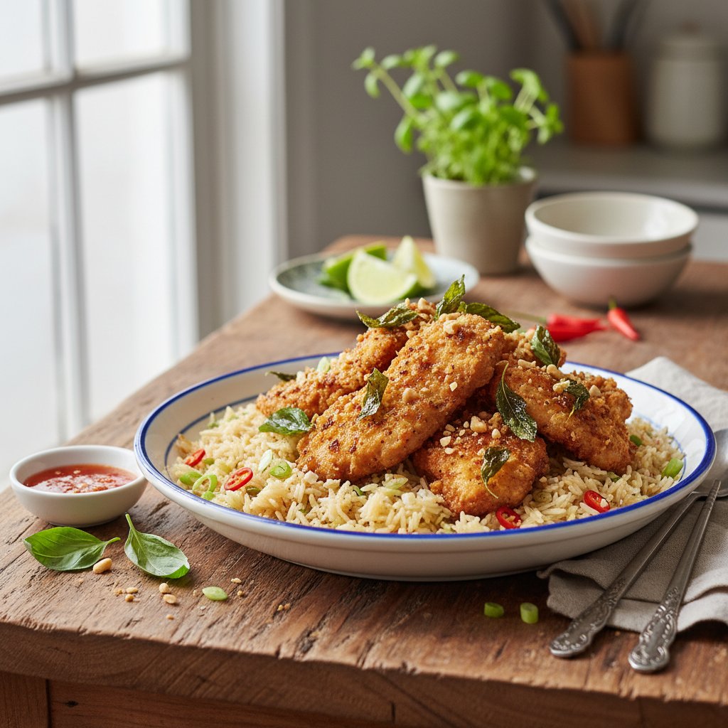 Crispy Basil Chicken with Garlic Ginger Rice