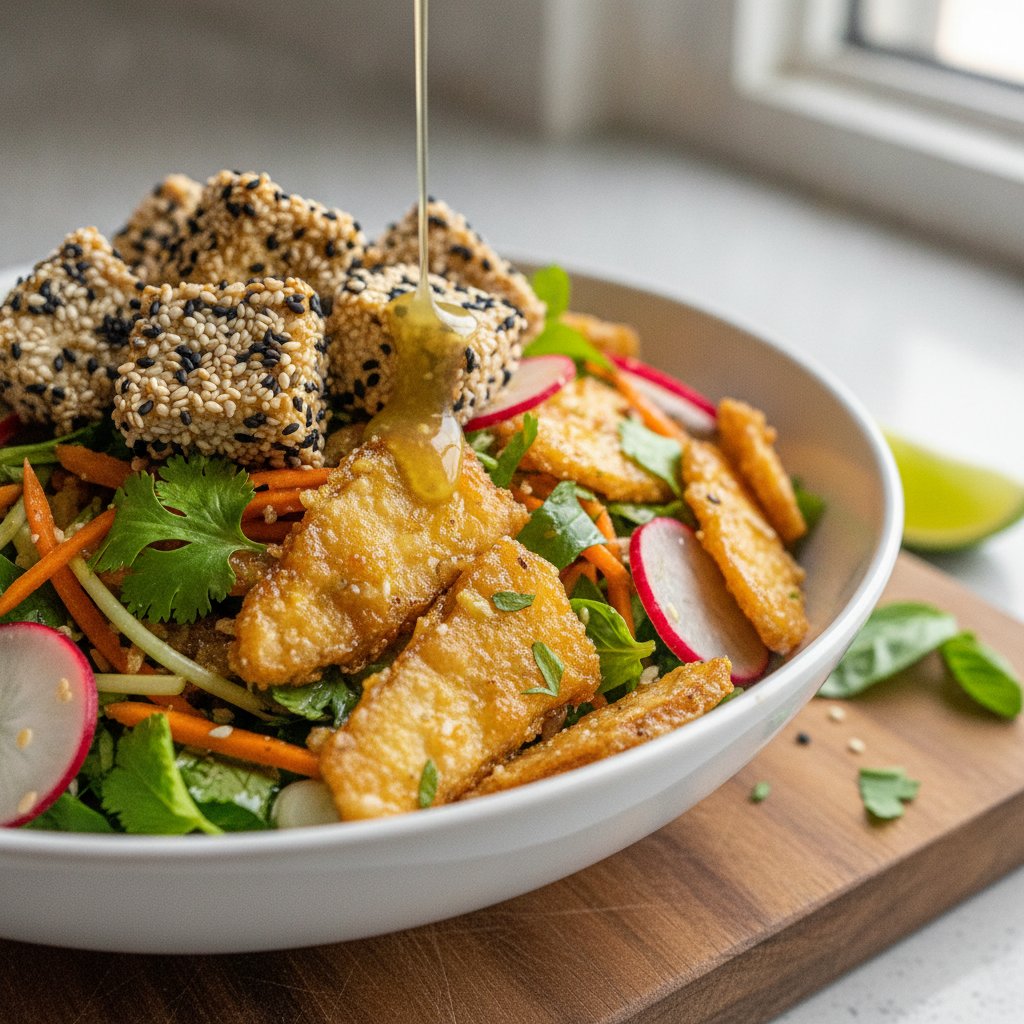 Crispy Ginger-Lime Brown Rice & Herb Salad with Sesame Seeded Tofu