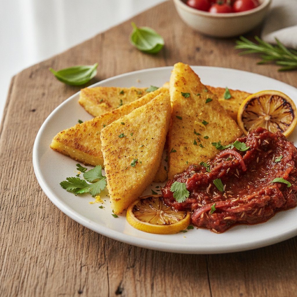 Crispy Lemon Herb Polenta with Spiced Tomato Relish