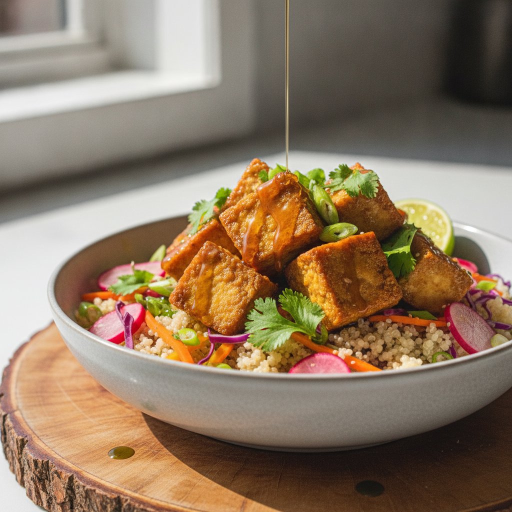 Crispy Miso-Maple Tofu & Tempeh Bowls with Gingered Quinoa and Pickled Veggies