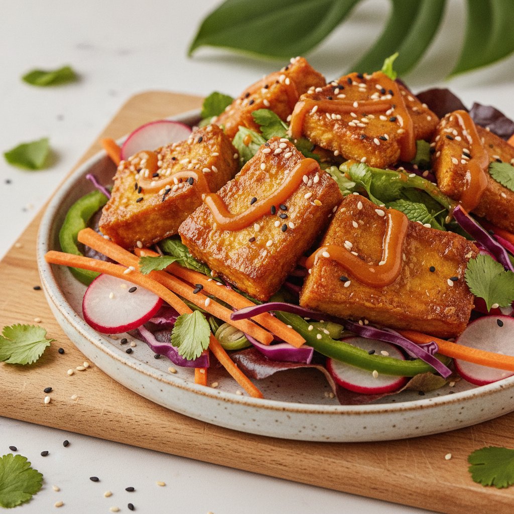 Crispy Orange-Sesame Tofu & Tempeh Lettuce Wraps with Rainbow Vegetables
