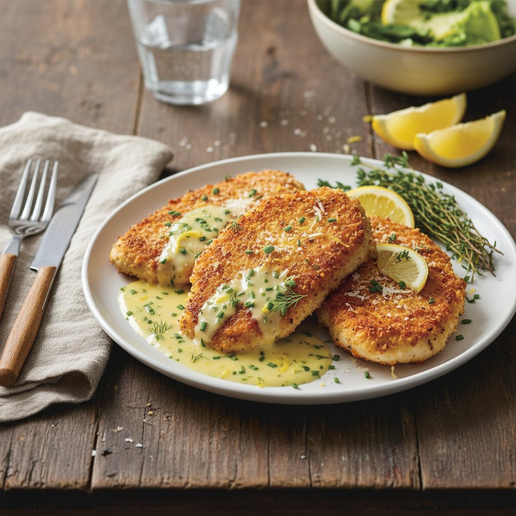 Crispy Parmesan Crusted Chicken with Lemon Herb Sauce