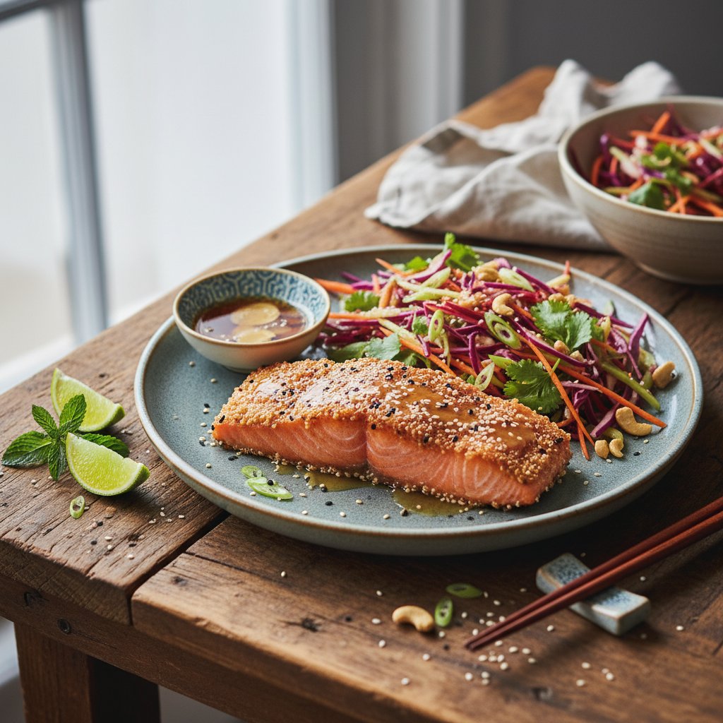 Crispy Sesame Crusted Salmon with Asian Slaw