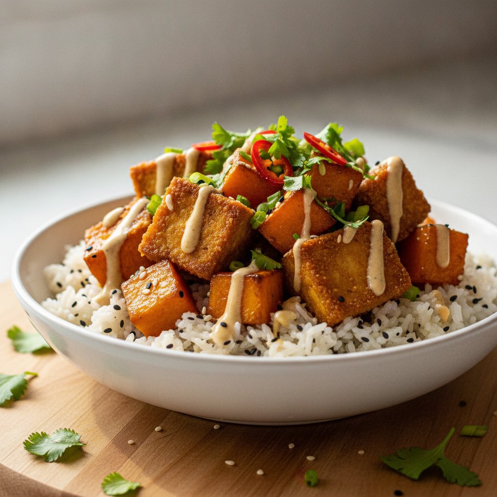 Crispy Tofu & Squash Rice Bowl